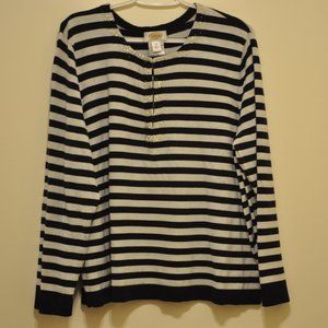 Talbots Womens Long Sleeve V Neck Closure Black and White Stripe Beaded Top XXL